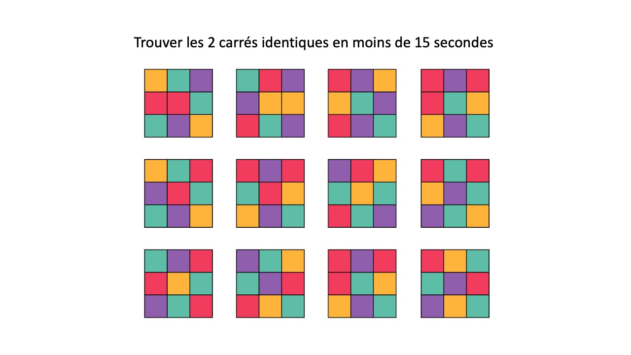 Trouver les 2 carrés identiques en moins de 15 secondes