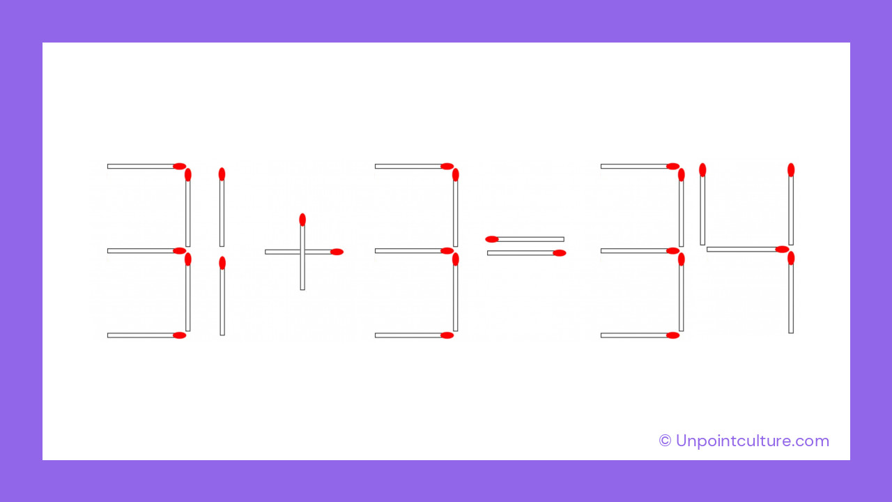 En déplaçant une allumette, l'équation devient 31 + 3 = 34, et le défi est résolu !