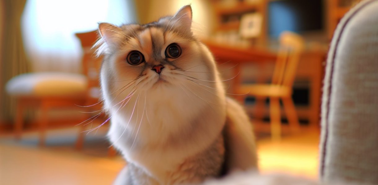 Un chat femelle japonais au pelage soyeux, regardant l'objectif avec un air curieux.