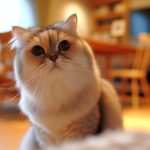 Un chat femelle japonais au pelage soyeux, regardant l'objectif avec un air curieux.