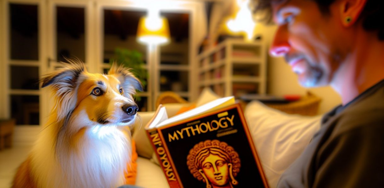 Un chien regardant attentivement son propriétaire qui tient un livre sur la mythologie.