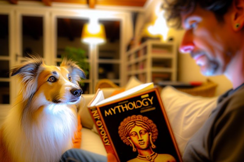 Un chien regardant attentivement son propriétaire qui tient un livre sur la mythologie.
