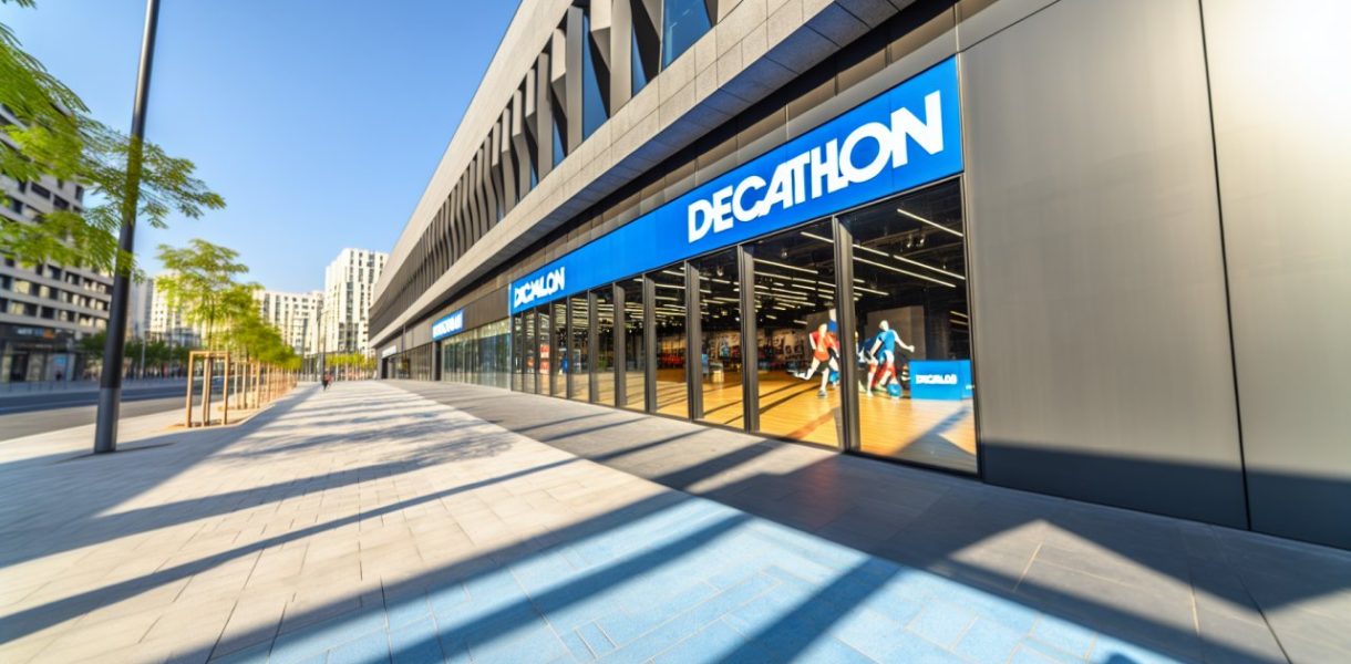 Une vue extérieure d'un magasin Decathlon montrant son design moderne et attrayant.