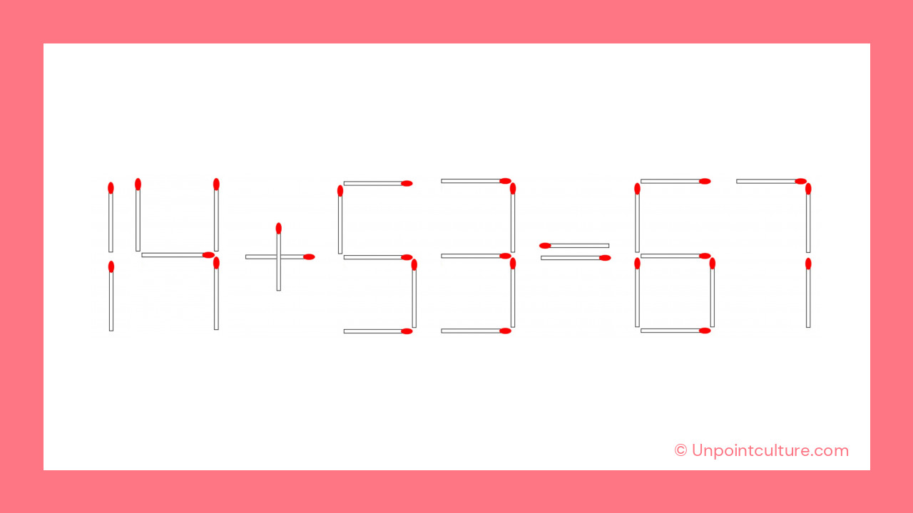 En déplaçant simplement une allumette, vous pouvez transformer l'équation incorrecte 14 + 63 = 57 en une équation correcte : 14 + 53 = 67!