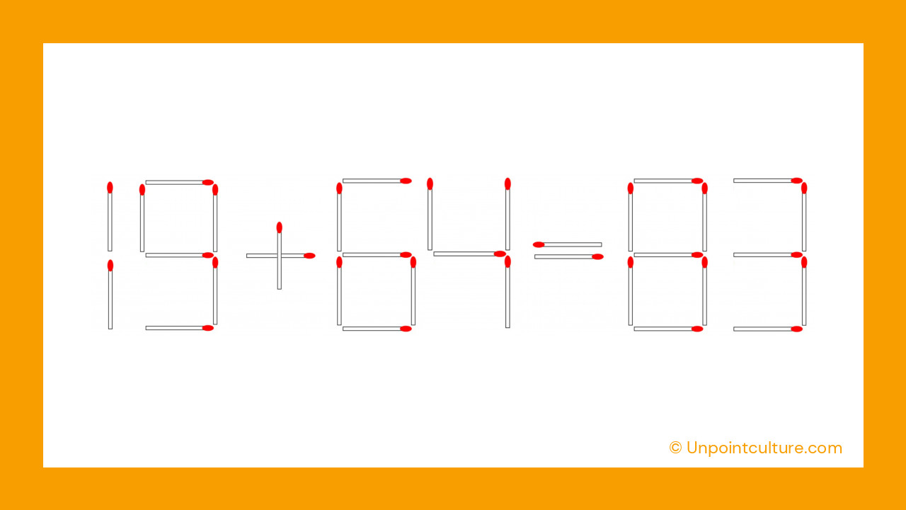 La solution : déplacez l'allumette pour former l'équation 19 + 64 = 83