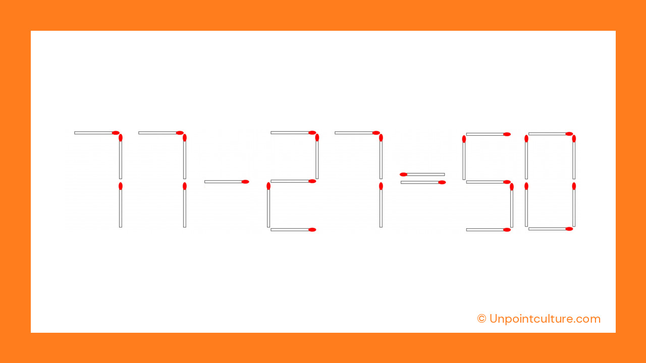 La solution : déplacez l'allumette pour transformer le 3 en 2 et obtenir 77 - 27 = 50