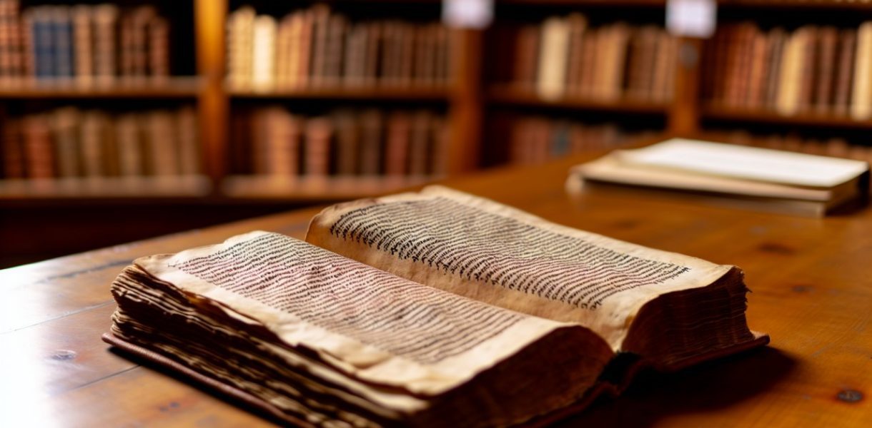 Un ancien manuscrit de la Bible posé sur une table en bois.