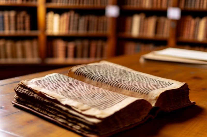 Un ancien manuscrit de la Bible posé sur une table en bois.