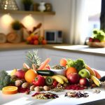 Un assortiment d'aliments sains comme des fruits, des légumes, des noix et des graines, disposés de manière attrayante sur une table.