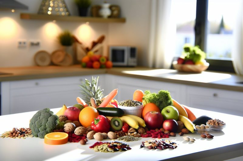 Un assortiment d'aliments sains comme des fruits, des légumes, des noix et des graines, disposés de manière attrayante sur une table.