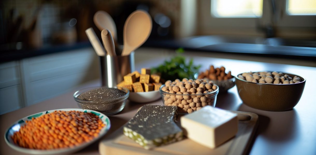 Un assortiment de différents aliments végétaux riches en protéines comme les lentilles, le tofu, les noix, les graines de chia et les pois chiches sur une table.