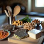 Un assortiment de différents aliments végétaux riches en protéines comme les lentilles, le tofu, les noix, les graines de chia et les pois chiches sur une table.