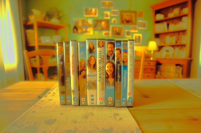 Un assortiment de DVD de films feel good posés sur une table.