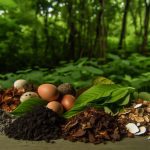 Un assortiment d'engrais naturels comme le compost, les coquilles d'œufs broyées, le marc de café, les feuilles mortes et les cendres de bois sur un fond de jardin verdoyant avec des plantes en bonne santé.