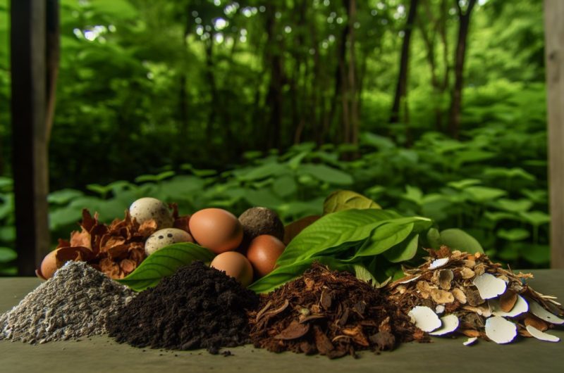 Un assortiment d'engrais naturels comme le compost, les coquilles d'œufs broyées, le marc de café, les feuilles mortes et les cendres de bois sur un fond de jardin verdoyant avec des plantes en bonne santé.