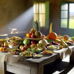 Un assortiment de plats sains et colorés, riches en légumes et fruits, sur une table en bois rustique.