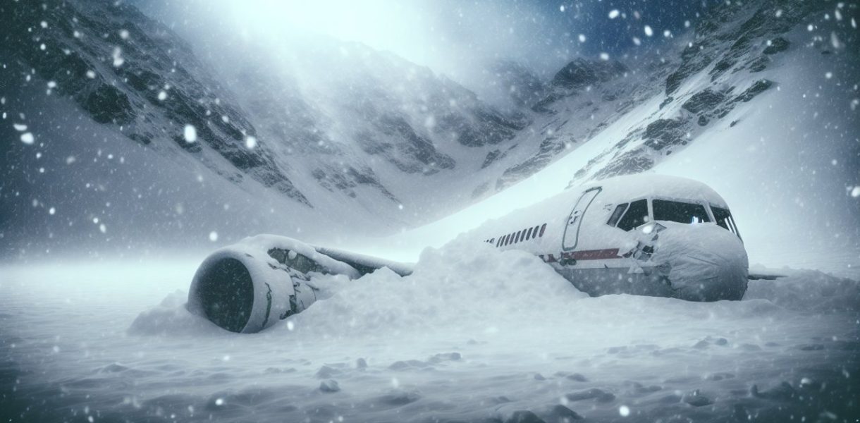 Un avion en ruines dans la neige, symbolisant le crash du vol 571 dans les Andes.