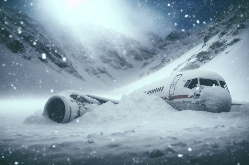 Un avion en ruines dans la neige, symbolisant le crash du vol 571 dans les Andes.