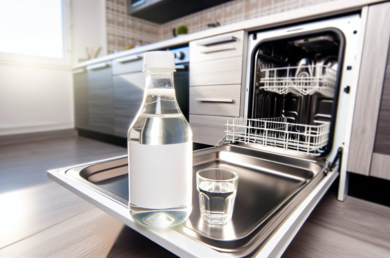 Une bouteille de vinaigre blanc posée à côté d'un lave-vaisselle ouvert.