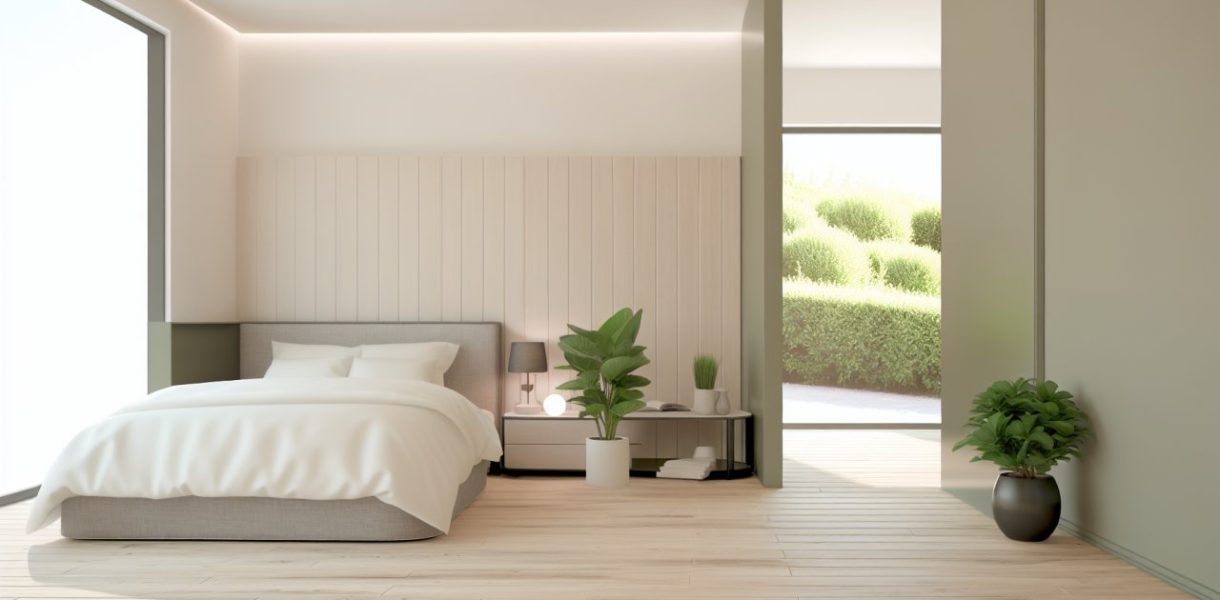 Une chambre à coucher minimaliste et apaisante avec des couleurs neutres, un lit bien fait et quelques plantes d'intérieur pour une touche de nature.