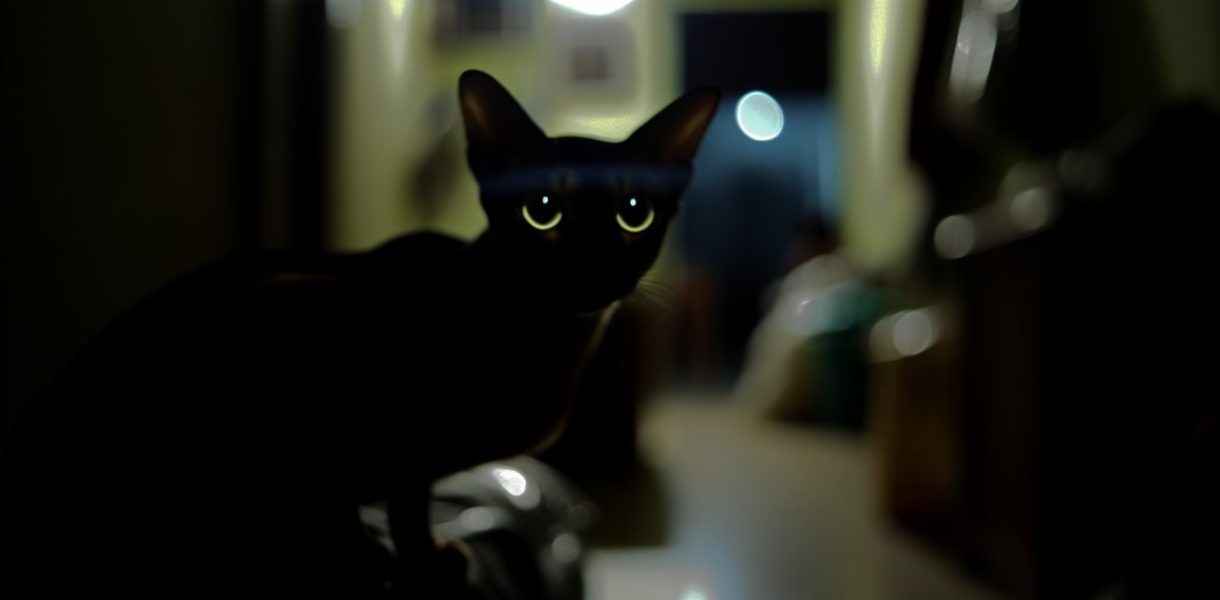 Un chat dans l'obscurité avec les yeux qui brillent.