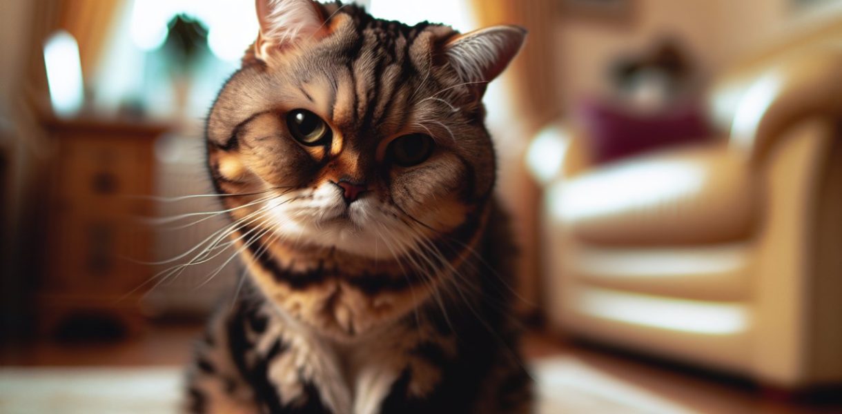 Un chat au pelage distinctif, regardant la caméra, dans un cadre domestique familier.
