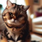 Un chat au pelage distinctif, regardant la caméra, dans un cadre domestique familier.