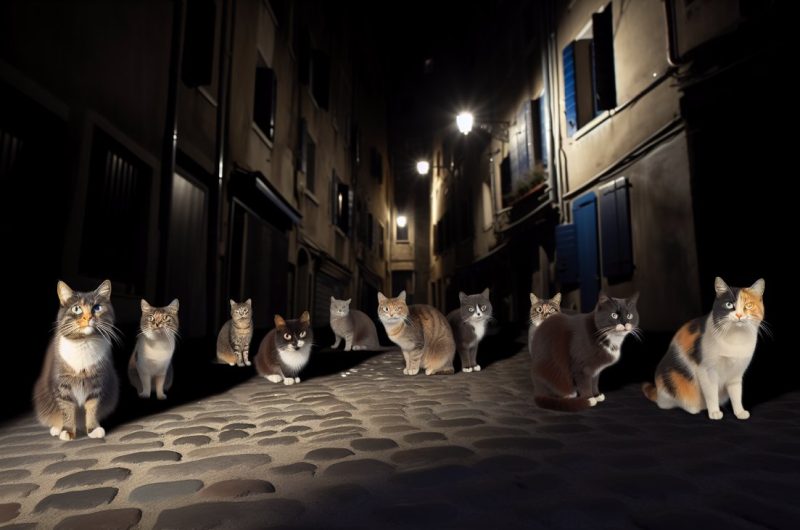 Plusieurs chats dans une ruelle sombre, éclairée seulement par la lumière de la lune.