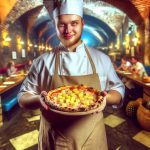 Un chef napolitain en tablier tenant une pizza à l'ananas dans ses mains.