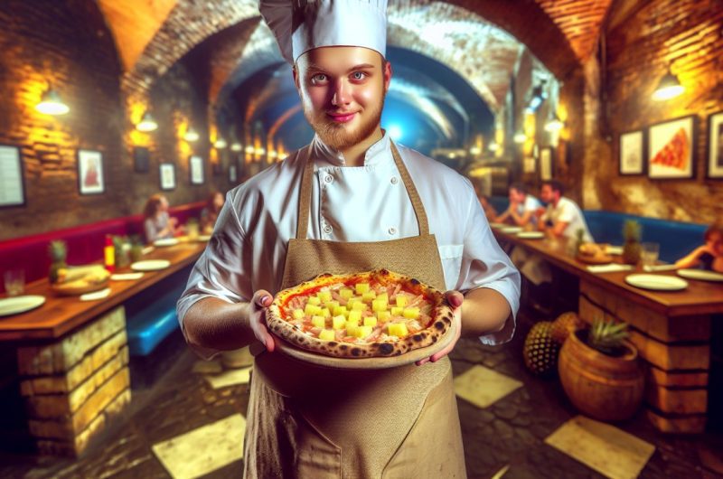 Un chef napolitain en tablier tenant une pizza à l'ananas dans ses mains.