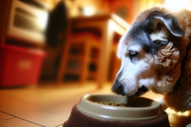 Un chien âgé mangeant tranquillement dans une gamelle spécialement conçue pour les chiens seniors.