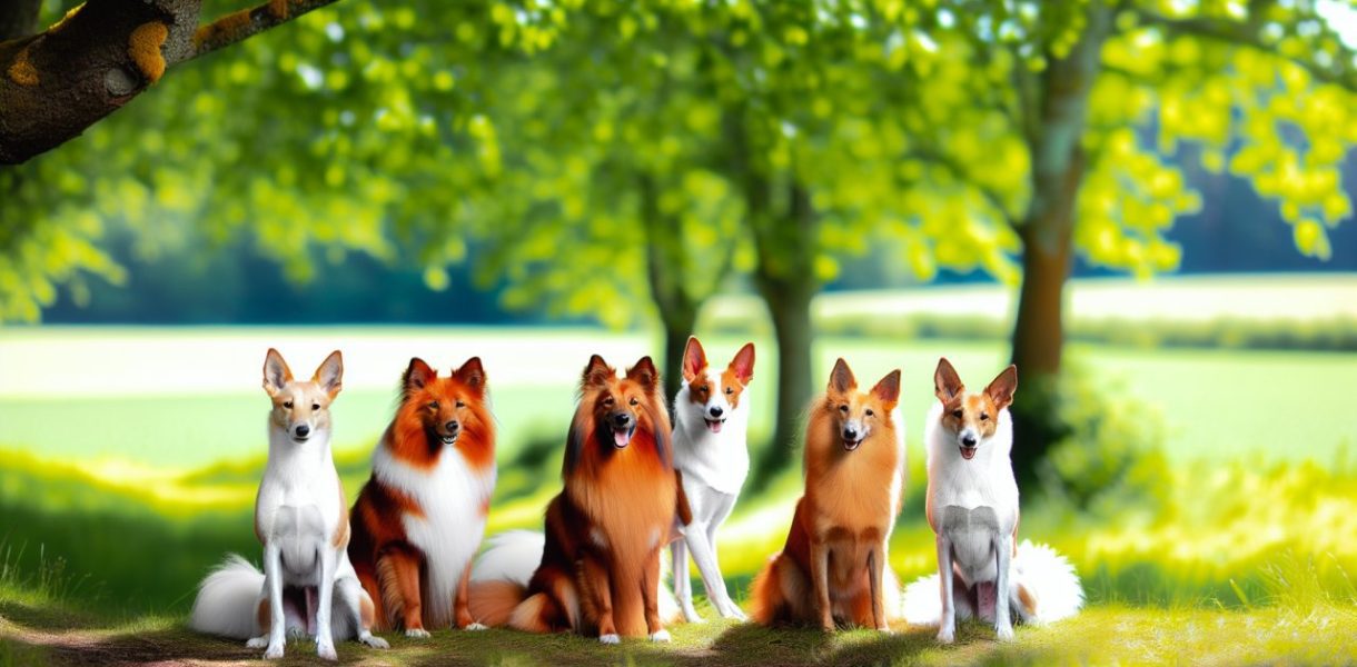 Cinq chiens de différentes races, qui ressemblent à des renards, posant ensemble pour la caméra.