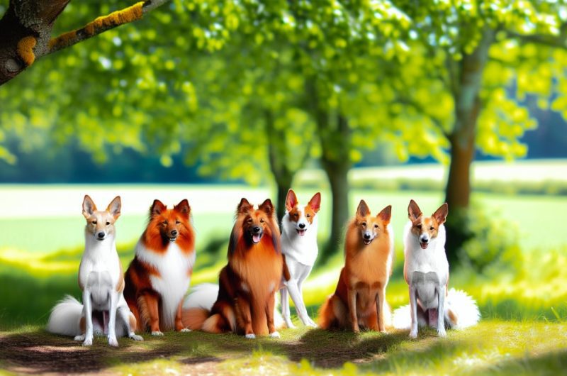 Cinq chiens de différentes races, qui ressemblent à des renards, posant ensemble pour la caméra.