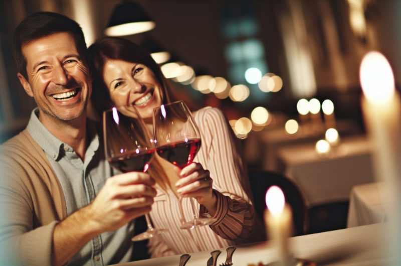 Un couple heureux trinquant avec des verres de vin lors d'un dîner romantique.