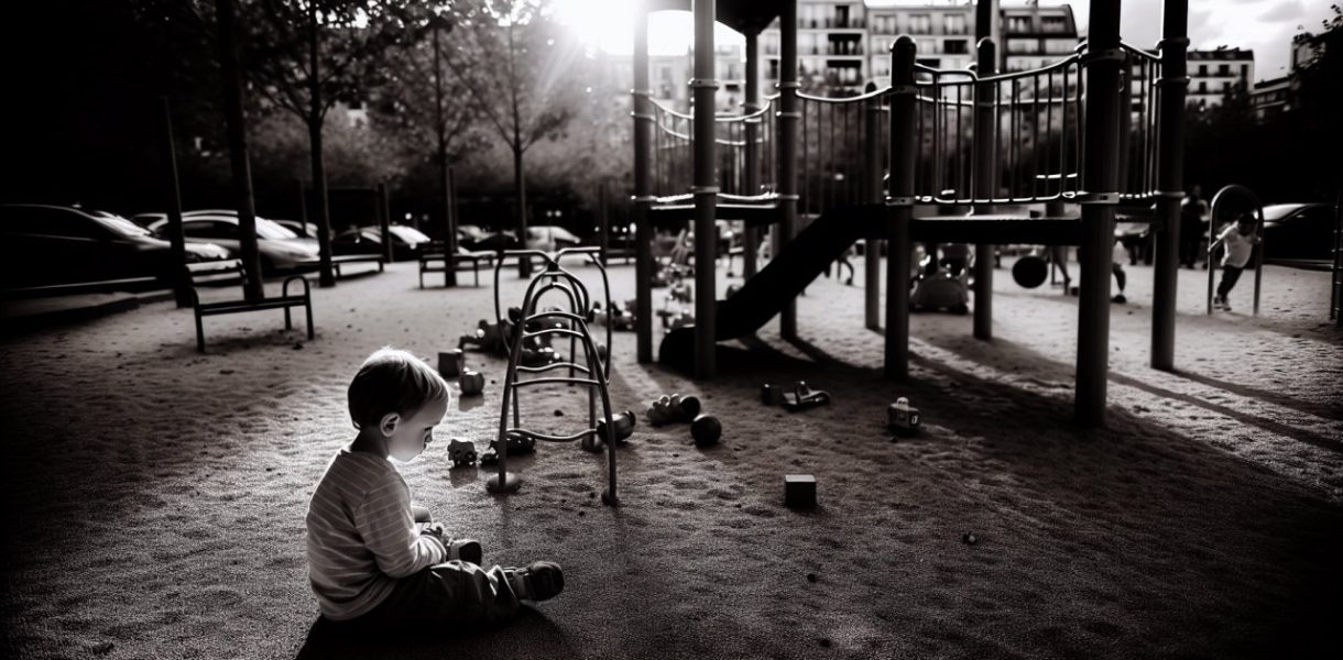 Un enfant assis seul dans une cour de récréation.