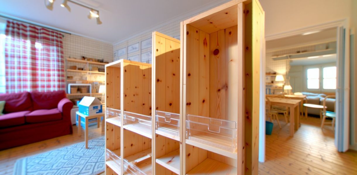 Plusieurs étagères IVAR d'IKEA utilisées de différentes manières dans différents espaces de la maison.