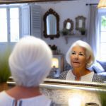 Une femme regardant ses cheveux blancs dans un miroir.