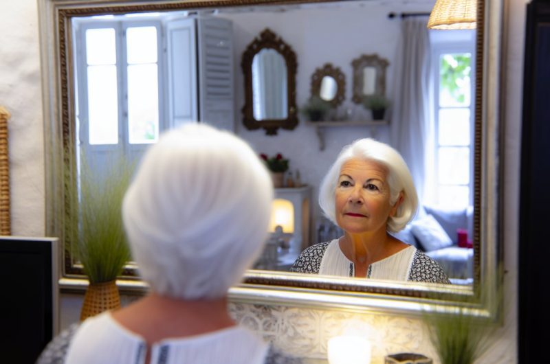 Une femme regardant ses cheveux blancs dans un miroir.