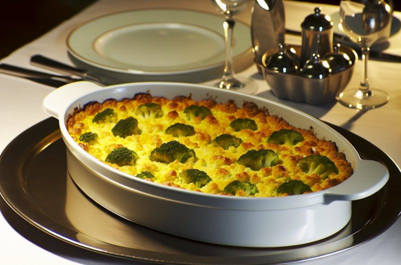 Un flan de chou-fleur et de brocoli bien doré et appétissant, servi dans un plat de cuisson ovale sur une table bien dressée.