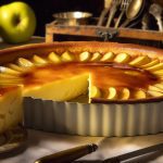 Un flan aux pommes léger et appétissant sur une table avec une tranche découpée à côté.