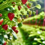 Des fraises mûres et juteuses sur un plant dans un jardin bien entretenu.