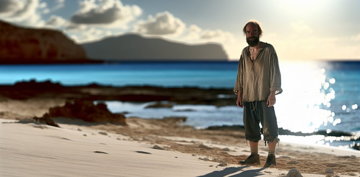 Un homme seul sur une île déserte, entouré par l'océan.