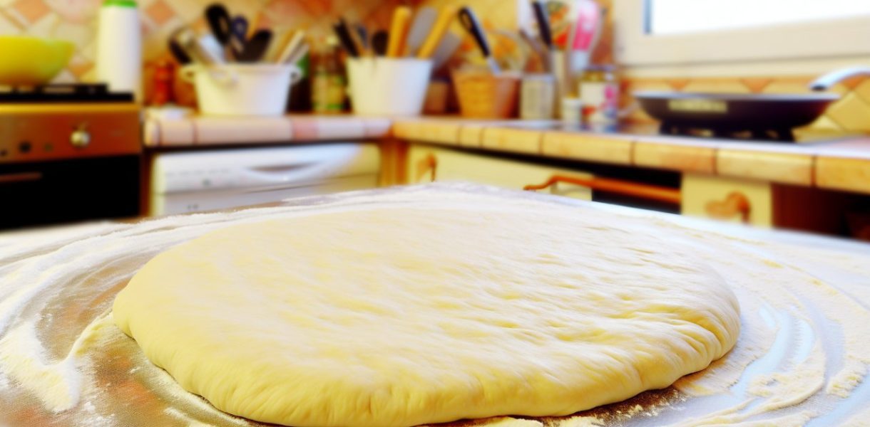 Une pâte à pizza maison parfaitement étalée sur une table de cuisine, prête à être garnie.