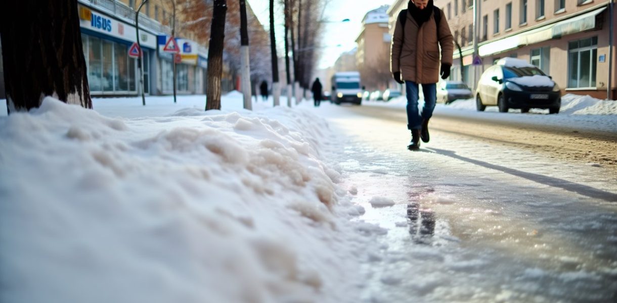 Une personne marchant prudemment sur un trottoir enneigé et glissant, portant des chaussures appropriées et un manteau chaud.