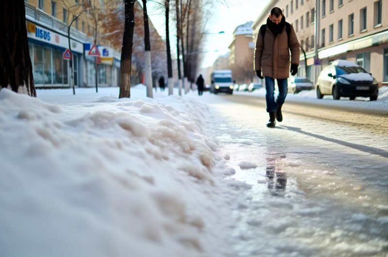 Une personne marchant prudemment sur un trottoir enneigé et glissant, portant des chaussures appropriées et un manteau chaud.