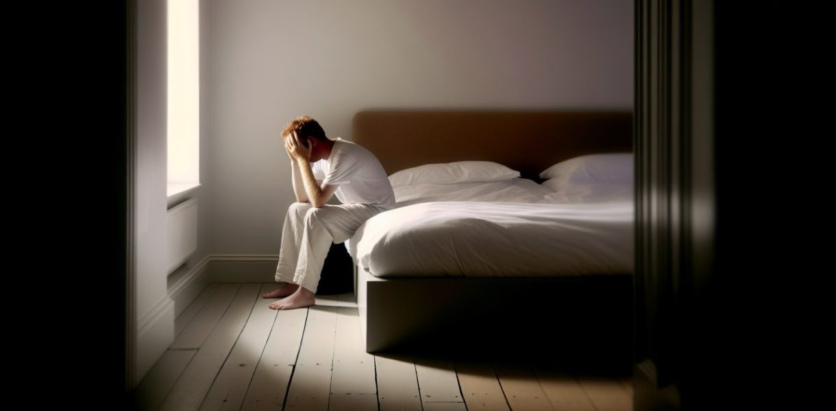 Une personne seule assise sur le bord d'un lit, la tête entre les mains.