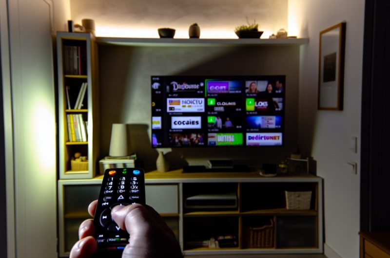 Une personne utilisant une télécommande devant un écran de télévision affichant plusieurs chaînes différentes.