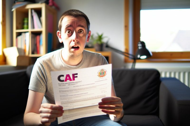 Une personne tenant une lettre de la CAF avec une expression de surprise et d'interrogation.