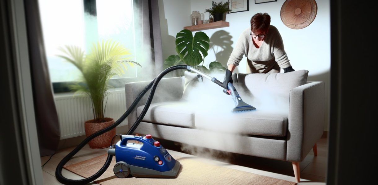 Une personne en train d'utiliser un nettoyeur vapeur sur un canapé en tissu.