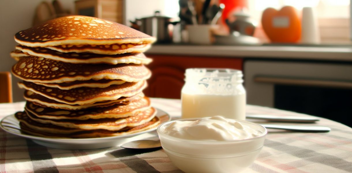 Une pile de pancakes épais et moelleux servis avec du yaourt à côté.